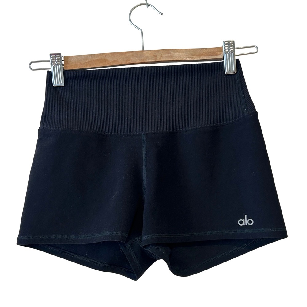 Alo Yoga High Waist Bike Shorts Size XS Black Ribbed Waistband Yoga Gym Athletic